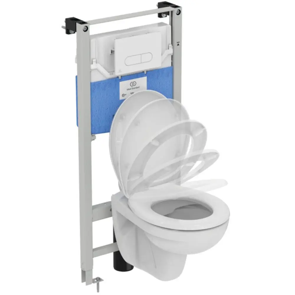 Toilettenelement von Ideal Standard mit Spülkasten und Wandhalterung in weißer Ausführung. Die Toilette zeigt einen offenen Deckel und ist auf einem stabilen Gestell montiert.